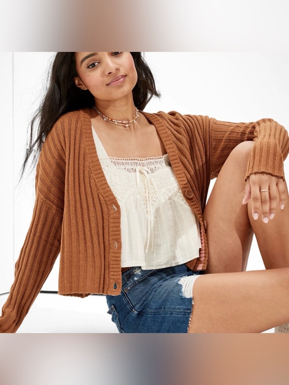 American Eagle Outfitters Ribbed Button-Front Cardigan - Brown